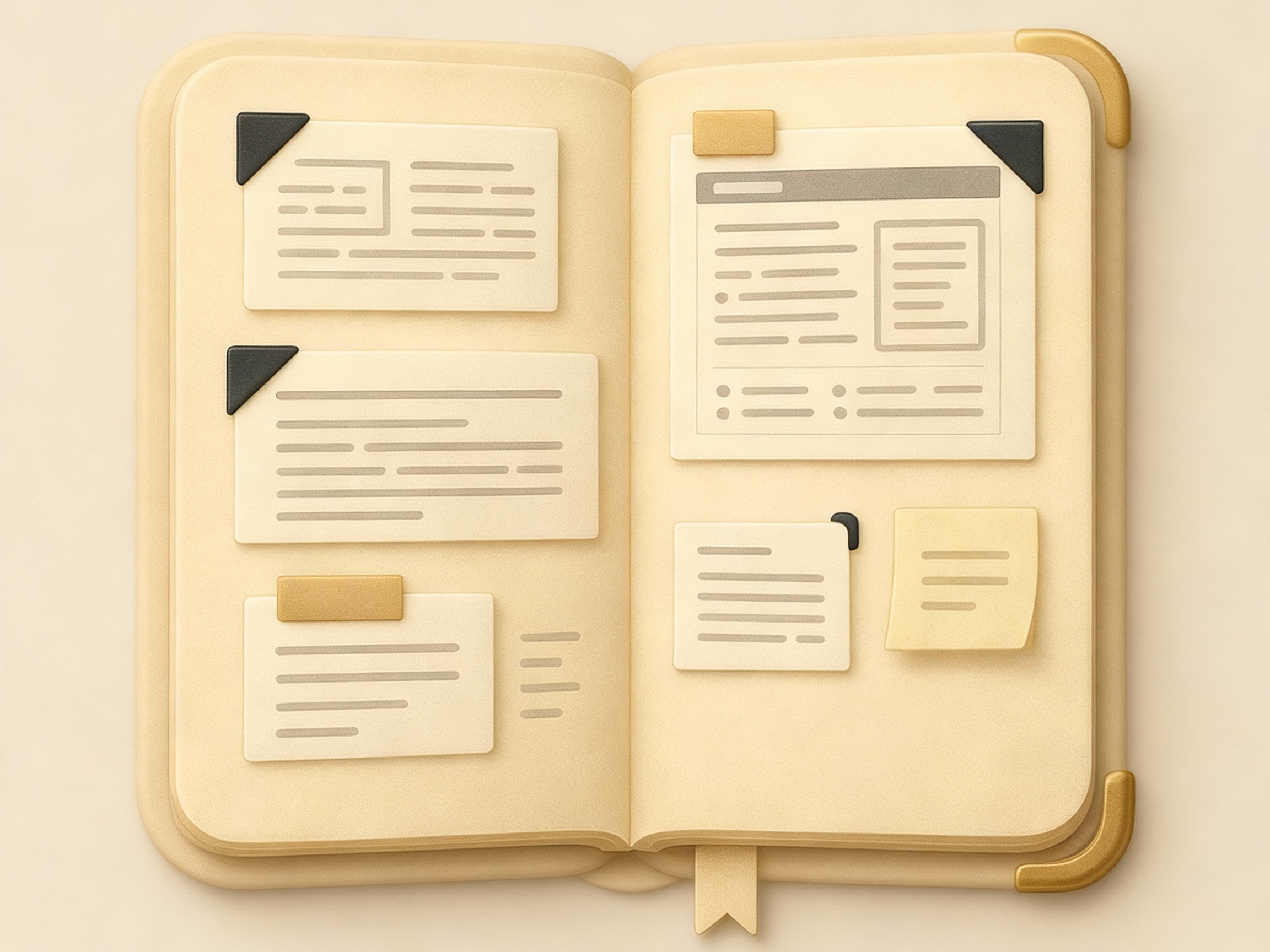 An open notebook filled with clipped web pages and notes.